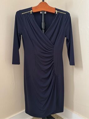 Calvin Klein Dress Women's Navy Blue Ruched Faux-Wrap w Gold Zipper Shoulder Sz4